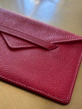 TUSK Italian Pebbled Red Leather Single Compartment White Stitch Envelope Wallet